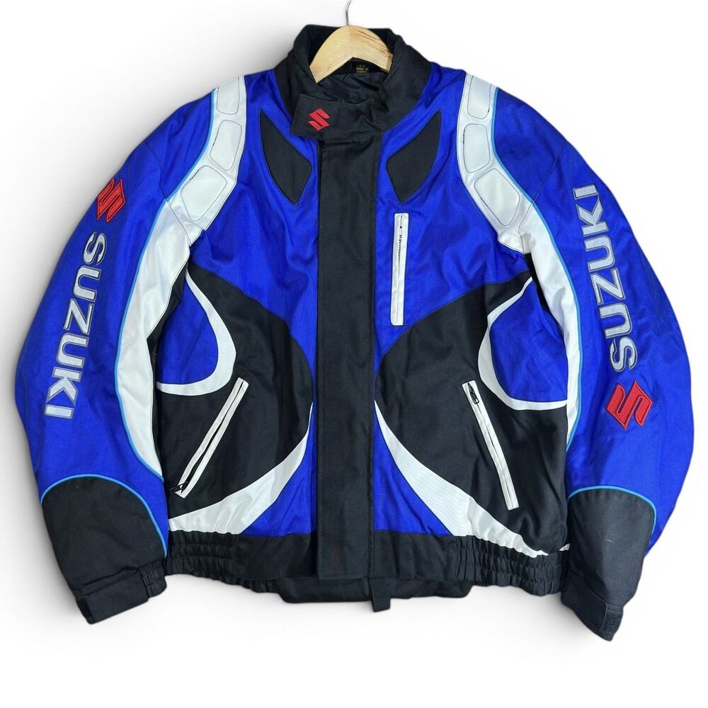 Vintage Suzuki Motorcycle Jacket Blue Padded Armor Riding Full Zip Moto Size 2XL